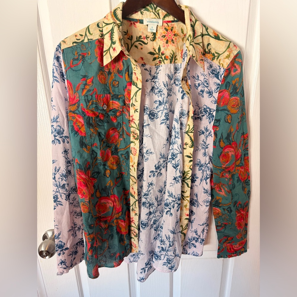 Sundance Floral Patchwork Cotton Button Down Blou… - image 3